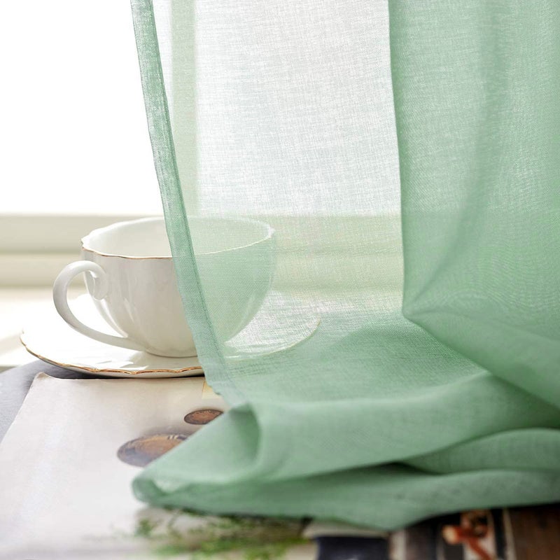 TOAVA DECO Mint Green Semi Sheer Curtains Rod Pocket 63 Inch Length Faux Linen Curtain Sage Green Sheers for Bedroom Living Room Girls Kids Room 2 Panels 52x63 - Image 3